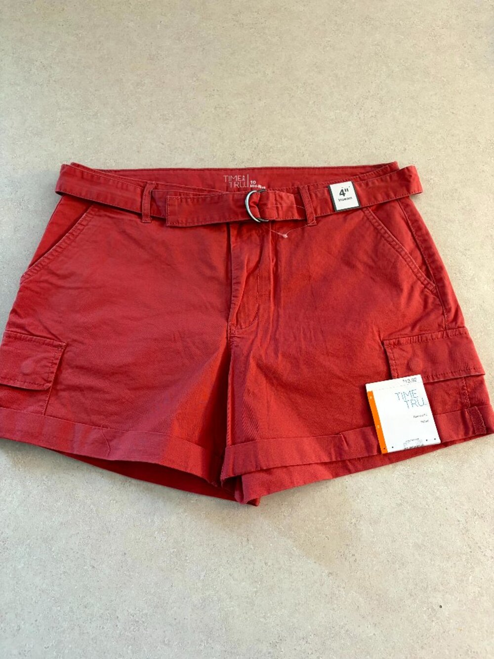 Time And True Size 10 Utility Women's Zipper Button Cuff Shorts, Inseam 4" Coral
